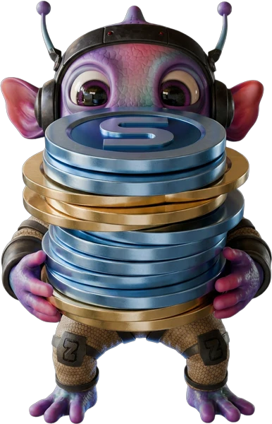 Zunado mascot holding a pile of coins